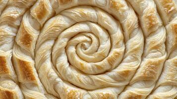 Delight in the Golden Swirl A Captivating Close-Up of Traditional Balkan Burek, Showcasing the Exquisite Layers of Flaky Pastry, Baked to Perfection, Revealing the Rich Culinary Heritage of Southeast photo