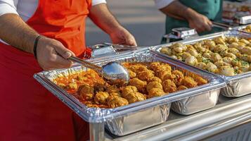 Delicious street food catering in an outdoor setting showcases a variety of flavorful dishes, including tender meatballs in savory sauces and golden, crispy potatoes, presented in aluminum trays photo