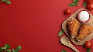 Delicious fried chicken drumsticks served on a wooden board with creamy dipping sauce, accompanied by fresh tomatoes and vibrant basil leaves, all beautifully arranged on a striking red background photo