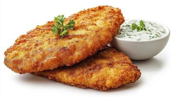 Delicious golden-brown breaded fish fillets, a culinary delight served with creamy tartar sauce, perfect for a quick and satisfying meal This high-resolution image captures the crispy texture and photo