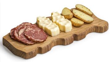 Delicious charcuterie board featuring savory cured meat slices, creamy butter portions, and roasted potato wedges, displayed on a rustic wooden serving tray, perfect for appetizers or snacks, ideal photo