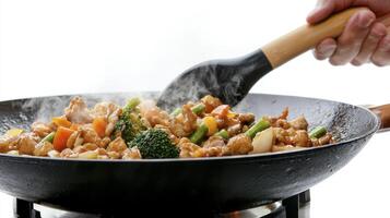 Delicious and vibrant stir-fry featuring fresh vegetables, succulent meat, and savory sauce, cooked in a traditional wok over high heat, capturing the essence of Asian cuisine A culinary masterpiece photo