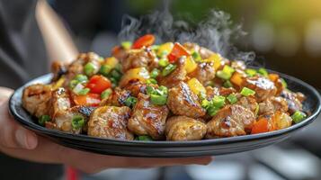 Delicious and visually appealing image of a steaming plate of stir-fried pork with colorful bell peppers and green onions, showcasing its appetizing presentation The close-up shot highlights the photo