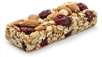 Delicious and Nutritious Granola Bar A Close-Up Shot Showcasing Healthy Ingredients Capture the essence of wholesome goodness with this enticing image of a granola bar, bursting with oats, almonds photo