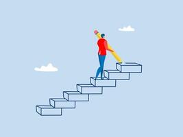 businessman use huge pencil to draw rising up staircase and walk climbing up ladder for development successful, strategy to reach business target vector
