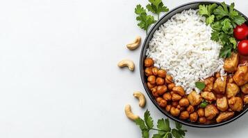 Delicious and Nutritious Food Photography Capture the Vibrant Colors and Textures of a Chicken and Rice Bowl with Cashews Elevate your culinary content with stunning images perfect for websites photo