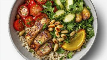 Delicious and Nutritious Grain Bowl Recipe A Vibrant Dish Bursting with Fresh Tomatoes, Crisp Cucumbers, and Flaky Chicken Perfect for a Healthy Lunch or Dinner, This Easy-to-Make Bowl Combines photo