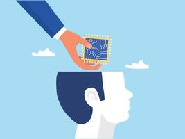 Put the chip into the brain,Someone hand put AI processing chip into human brain Artificial Intelligence and robot and automation innovation concept vector