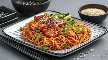 Delicious and Healthy Teriyaki Salmon with Noodles A Vibrant Dish of Grilled Fish, Noodles, and Fresh Greens Perfect for a Quick and Easy Meal, This Recipe is Sure to Satisfy The Salmon is Glazed photo