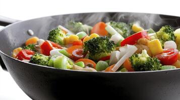Delicious Vegetable Stir-Fry Recipe A Vibrant Medley of Fresh Ingredients, Perfectly Cooked in a Wok, Showcasing the Colors and Textures of Broccoli, Carrots, Peppers, Peas, and Corn This Healthy and photo