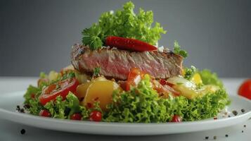 Delicious Steak Salad A Vibrant Culinary Creation Featuring Juicy Grilled Steak, Crisp Lettuce, Ripe Tomatoes, and Fresh Herbs Perfect for Healthy Eating, This Image Showcases a Colorful and photo