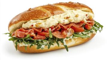 Delicious Salmon Sandwich on a Pretzel Roll A Mouthwatering Close-Up Image Showcasing Fresh Ingredients, Including Flaky Salmon, Creamy Sauce, and Crisp Arugula, Perfect for Food Blogs, Restaurant photo