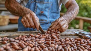 A rustic scene captures the essence of hands-on craftsmanship as an elderly man, adorned in denim overalls, meticulously sorts through a pile of rich, brown cocoa beans on a weathered wooden table photo