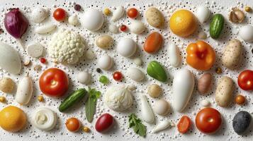 A Vibrant Array of Fresh Vegetables Capturing the Essence of Farm-to-Table Goodness with Tomatoes, Potatoes, Peppers, Cauliflower, and Cucumbers Displayed on a White Backdrop, Perfect for Culinary photo