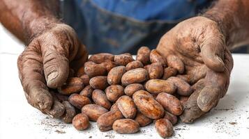 Authentic Cocoa Beans Held in Farmer's Hands A Close-Up View Showcasing the Richness of Harvested Cocoa, Freshly Picked and Ready for Processing, Representing Sustainable Farming Practices photo