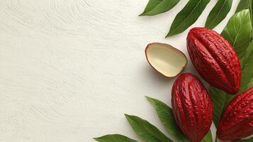 Captivating Close-Up of Fresh Cocoa Pods and Vibrant Green Leaves on a Light Textured Surface A Detailed Still Life Photograph Showcasing the Natural Beauty and Richness of Raw Cocoa Beans Before photo