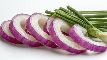 Captivating Close-Up of Fresh Red Onion Slices and Vibrant Green Scallions, Perfect for Culinary Inspiration, Showcasing the Natural Beauty of Healthy Vegetables, Ideal for Recipe Blogs, Food photo