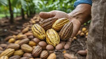 Captivating Cocoa A Visual Journey Through Bean to Bar Discover the rich textures and vibrant colors of freshly harvested cocoa pods held gently in a farmer's hand, a testament to sustainable photo