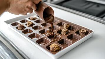 Captivating culinary artistry captured in a moment, showcasing the delicate process of crafting exquisite chocolate delicacies, rich, smooth chocolate cascades gracefully from a pouring cup, filling photo