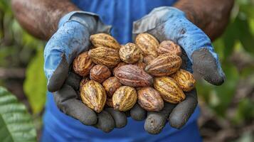 Captivating image of a farmer holding freshly harvested cocoa pods, showcasing the rich brown hues and textures of this vital agricultural product This photo evokes the essence of sustainable farming