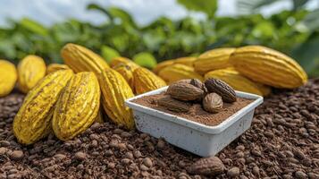 Captivating Image of Fresh Cocoa Pods and Cocoa Powder Displaying the Raw Ingredients Behind Delicious Chocolate Treats, Perfect for Illustrating Articles About Sustainable Farming, Ethical Sourcing photo
