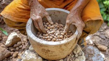 Captivating image showcasing the essence of rural life, featuring weathered hands gently cradling a bowl filled with seeds, embodying themes of agriculture, sustainability, and connection to the photo