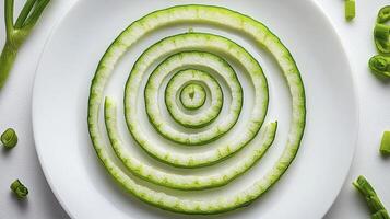 Captivating spiral of thinly sliced zucchini arranged artistically on a pristine white plate, showcasing the vibrant green hues and intricate circular pattern, perfect for culinary inspiration photo