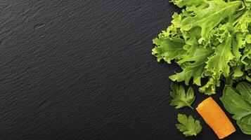 Captivating Still Life A Composition of Fresh Vegetables on Dark Slate Background, Showcasing Crisp Lettuce, Bright Carrots, and Vibrant Herbs, Ideal for Food Photography, Culinary Content, Healthy photo