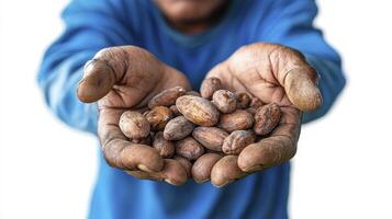 Capture the essence of agricultural heritage with this evocative image of weathered hands cradling a bounty of cocoa beans, a testament to generations of farming expertise Witness the raw beauty of photo