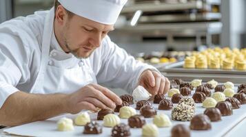 Capture the essence of culinary artistry with this exquisite image of a skilled confectioner meticulously crafting delectable chocolate delicacies, a visual feast showcasing precision, passion, and photo