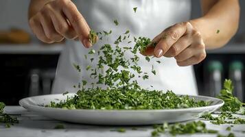 Capturing the Culinary Art A Detailed Look at Fresh Parsley Being Chopped and Prepared on a White Plate A Close-Up Showcase of Vibrant Green Herbs in Motion, Perfect for Food Blogs and Culinary photo