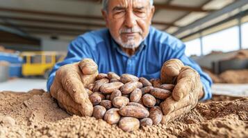 Capturing the Essence of Cocoa A Portrait of Dedication and Heritage An Elderly Farmer Proudly Displays Handfuls of Freshly Harvested Cocoa Beans, Revealing the Rich Colors and Textures of His Labor photo