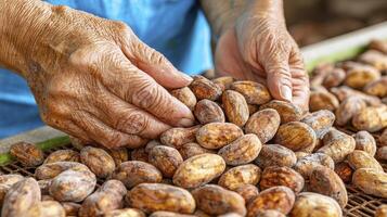 Capturing the Essence of Cacao A Close-Up Exploration of Raw Cocoa Beans Handled by Experienced Hands, Showcasing the Rich Textures, Natural Colors, and Meticulous Selection Process Involved in photo