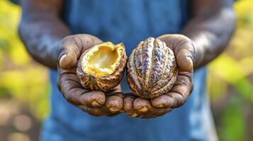 Close-up Image of Cocoa Pods in Farmer's Hands Capturing the Richness of Chocolate, Exploring Sustainable Farming Practices, and Showcasing the Natural Beauty of Cacao Beans, a Deep Dive into the photo