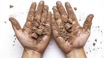 Close-up of two hands covered in wet, brown soil Focus on the texture of the mud on the palms and fingers Shows a hard working person who has had some recent contact with dirt from digging in the photo