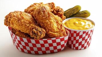 Crispy Fried Chicken Delights Indulge in golden-brown perfection with this mouthwatering image Showcasing juicy, flavorful chicken pieces served in a classic red-and-white checkered basket alongside photo
