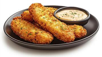 Crispy, golden-brown mozzarella sticks served with a creamy dipping sauce, perfect for appetizers, snacks, or a satisfying meal These delicious cheese sticks are fried to perfection, offering a photo