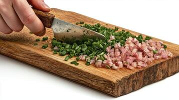 Culinary Delight Witness the Art of Fine Chopping, A Close-Up View of a Skilled Hand Precisely Dicing Fresh Green Herbs and Delicate Pink Bacon on a Rustic Wooden Cutting Board, Showcasing the photo