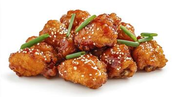 Delicious and Appetizing Chicken Wings A Close-Up Shot Showcasing the Crispy Texture and Glossy Glaze, Perfect for Food Blogs and Restaurant Menus Highlighted with Fresh Green Onions and Sprinkled photo