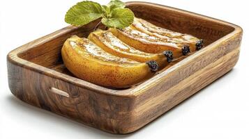 Delicious Baked Bananas A Healthy Dessert Option in a Wooden Tray, Perfect for a Quick and Easy Treat This recipe is ideal for breakfast or snack, showcasing the versatility of fruit in culinary photo