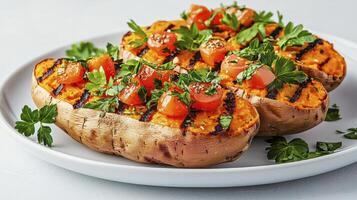 Delicious Baked Sweet Potatoes with Tomatoes and Parsley A Healthy and Flavorful Vegetarian or Vegan Meal Idea, Perfect for Lunch or Dinner Discover this Easy Recipe for a Nutritious and Satisfying photo