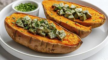 Delicious Baked Sweet Potatoes with Tofu Topping A Healthy and Nutritious Vegan Recipe Explore this easy-to-make dish, perfect for a quick lunch or a satisfying dinner Rich in vitamins and photo