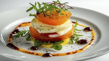 Delicious Caprese Salad Image A vibrant stack of fresh mozzarella, juicy tomatoes, and fragrant basil leaves, drizzled with balsamic glaze and extra virgin olive oil, creating a visually appealing photo
