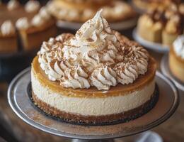 Delicious Cheesecake with Whipped Cream Topping A Visual Feast of Sweet Indulgence Explore the textures of the graham cracker crust, smooth filling, and fluffy topping Perfect for desserts photo