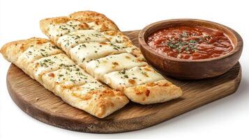 Delicious cheesy garlic bread sticks served with homemade marinara dipping sauce on a rustic wooden board, perfect appetizer or side dish Enjoy these baked cheesy garlic bread sticks, a delightful photo