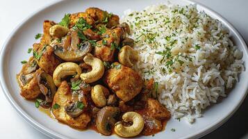 Delicious Chicken and Mushroom Stir-Fry with Rice A mouthwatering image showcasing a perfectly cooked chicken and mushroom stir-fry paired with fluffy white rice The vibrant colors and textures of photo