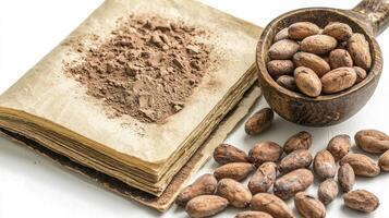 Delicious cocoa beans and rich cocoa powder create a captivating culinary scene, highlighting natural ingredients and inviting exploration of flavor Capture the essence of raw, organic cocoa with photo