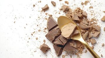 Delicious Chocolate Pieces with Golden Spoon on White Background Indulge in the Richness of Cocoa, Perfect for Desserts, Baking, and Sweet Treats Explore the Irresistible Texture and Flavor of photo