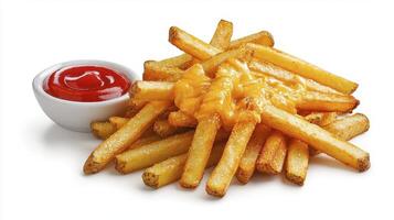 Delicious French Fries with Melted Cheese and Ketchup A Culinary Delight Capture the essence of comfort food with this enticing image showcasing golden-brown fries smothered in gooey, melted cheese photo