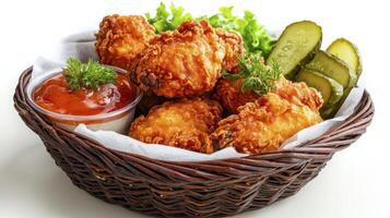 Delicious Fried Chicken Basket A Culinary Delight of Crispy Chicken Wings and Tender Pieces, Served with Tangy Ketchup and Refreshing Pickles, Perfect for a Quick Lunch or Dinner Enjoy this photo
